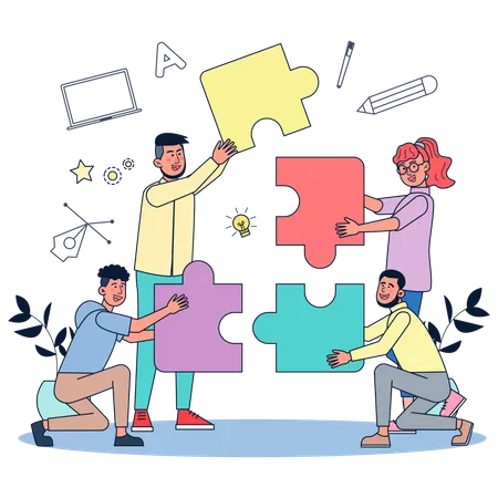 Creatives Work Together To Create Works Like Connecting To A Complete Jigsaw Puzzle Vector Illustration Flat Design Illustration