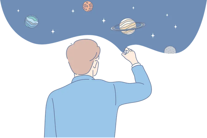 Creativity Thinking Idea Dream Business Concept Pensive Thoughtful Businessman Office Clerk Manager Cartoon Character Drawing Planets In Space Expansion Of Consciousness And Imaginative Mindset Illustration