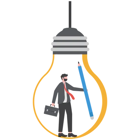 Creative Idea Imagination Or Inspiration Creativity To Thinking About Solution Or Invention New Idea Knowledge Or Education Concept Creative Man Holding Pencil Think About Idea On Lightbulb Illustration