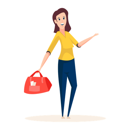 Créatrice de mode professionnelle bien connue tenant un sac à main dans sa main  Illustration