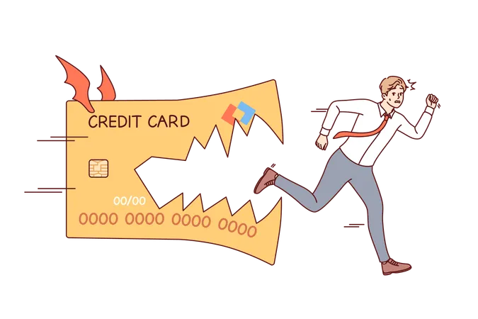 Credit card bites fleeing business man symbolizing danger of using loan money to cover needs  Illustration