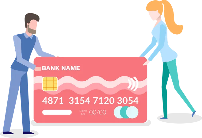 Man And Woman Holding Credit Card Side View Of People With Electronic Equipment For Payments Online Cash With Number And Bank Name Template Vector Illustration