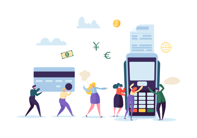 Credit Card Payment by Terminal with People Illustration