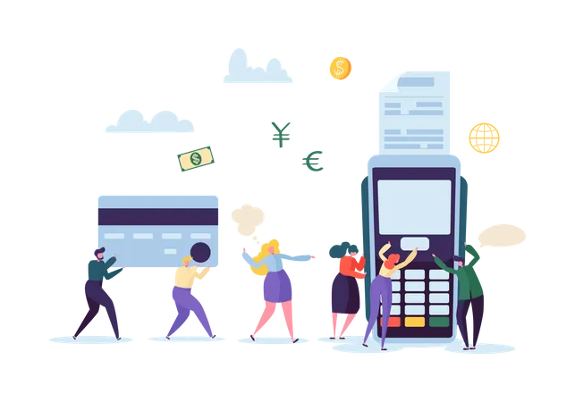 Credit Card Payment by Terminal with People Illustration