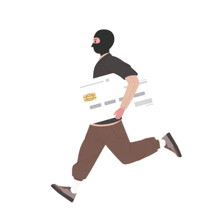 Credit Card Theft Vector Illustration Cartoon Male Thief Character In Hoodie And Mask Holding Stolen Big Card Man Stealing Personal Data And Identity In Bank Criminal Running Down City Street Illustration