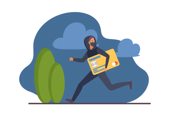 Credit Card Theft By Thief Vector Illustration Cartoon Male Burglar Running And Stealing At Night Robber In Disguise Mask And Hoodie Holding Stolen Credit Card To Steal Money From Bank Account Illustration