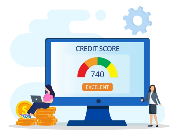 Credit Score Vector Concept Business People Check Credit Score Of While Using Laptop And Smart Phone Flat Vector Illustration