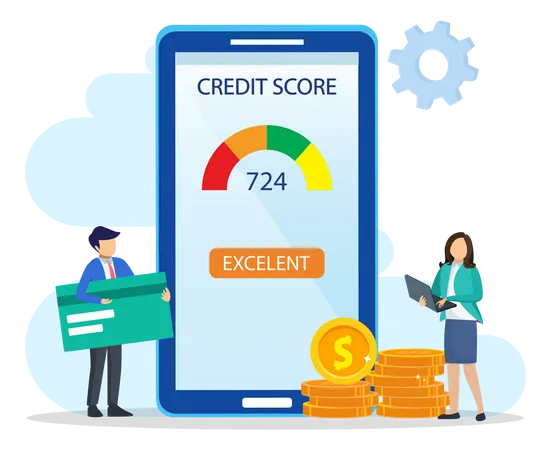 Credit Score Vector Concept Business People Check Credit Score Of While Using Laptop And Smart Phone Flat Vector Illustration