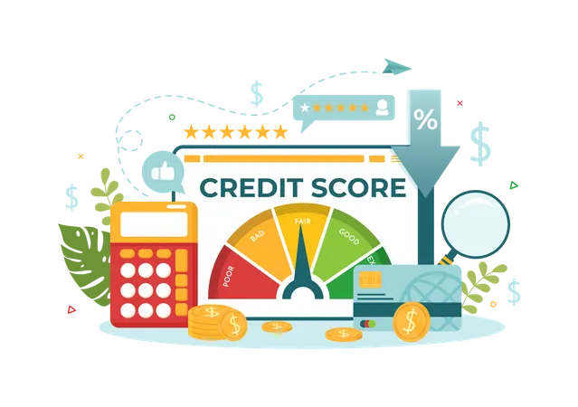 Credit Score Vector Illustration With Loan Arrow Gauge Speedometer Indicator From Poor To Good Rate In Flat Cartoon Hand Drawn Templates イラスト
