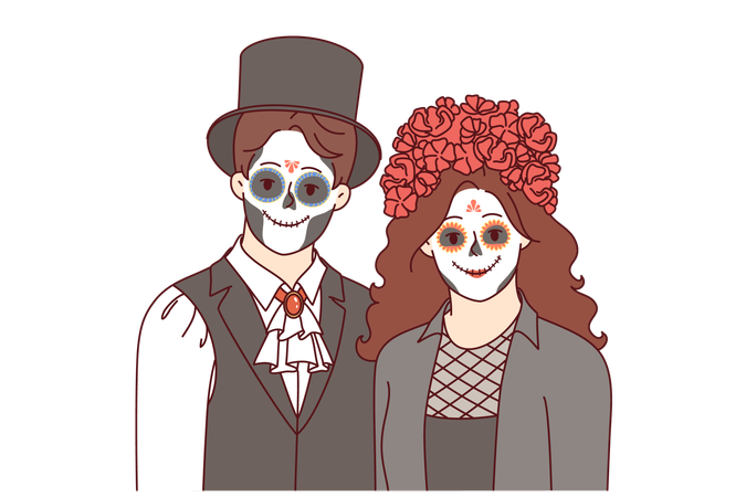 Creepy couple dressed up to celebrate halloween and create creepy atmosphere at night party  Illustration