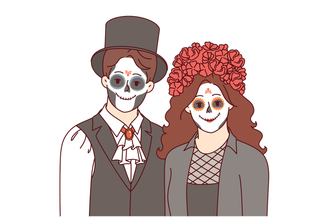 Creepy couple dressed up to celebrate halloween and create creepy atmosphere at night party  イラスト