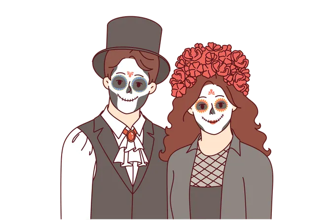 Creepy Couple Dressed Up To Celebrate Halloween And Create Scary Atmosphere At Night Party Young Man And Woman With Painted Faces To Participate In Masquerade On Eve Of Halloween イラスト