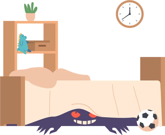 Creepy Ghost Lurks Beneath The Bed In The Kid Bedroom  Illustration