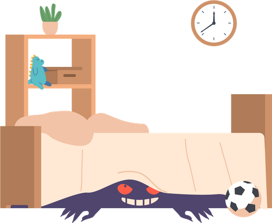 Creepy Ghost Lurks Beneath The Bed In The Kid Bedroom  Illustration