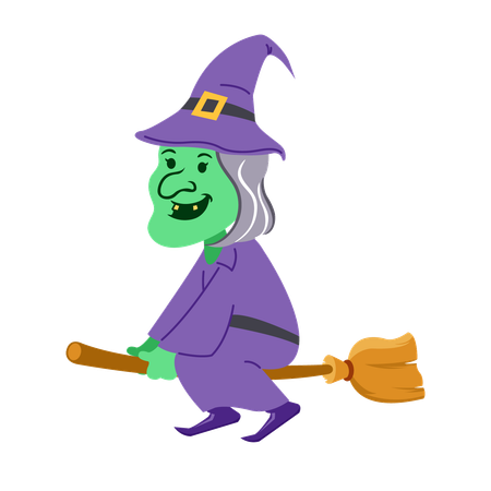 Creepy witch flying on broomstick  イラスト