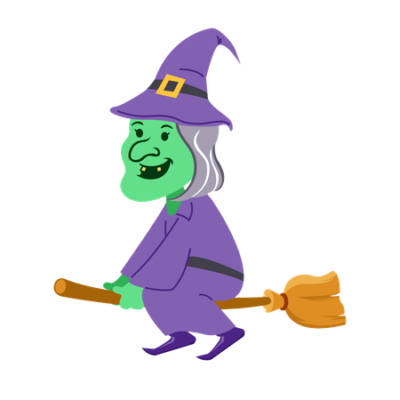 Creepy witch flying on broomstick  Illustration