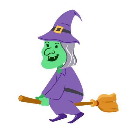 Creepy witch flying on broomstick  Illustration