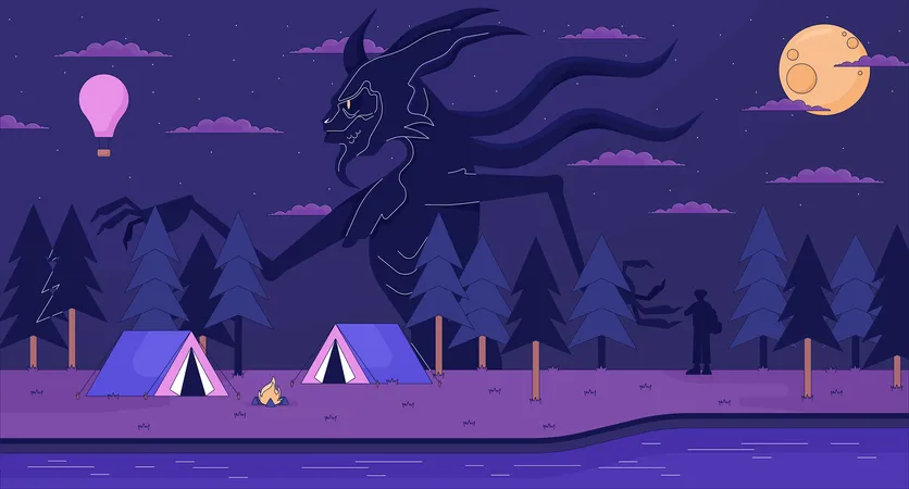 Creepy Woods Camping Site Lofi Wallpaper Walking Forest Monster At Campfire 2 D Scene Cartoon Flat Illustration River Campsite Spooky Nightmare Chill Vector Art Lo Fi Aesthetic Colorful Background Illustration
