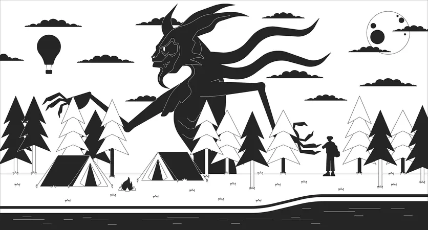 Creepy Woods Camping Site Black And White Lofi Wallpaper Walking Forest Monster At Campfire 2 D Outline Scene Cartoon Flat Illustration River Campsite Nightmare Vector Line Lo Fi Aesthetic Background イラスト