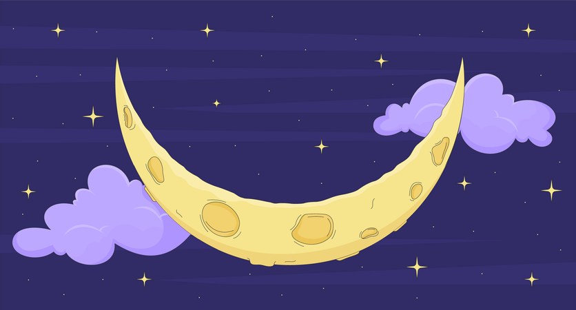 雲と星空の夜空に浮かぶ三日月  イラスト