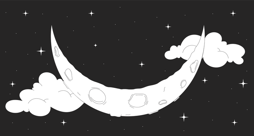 雲と星空の夜空に浮かぶ三日月  イラスト