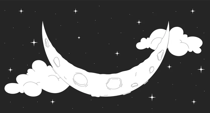 雲と星空の夜空に浮かぶ三日月  イラスト
