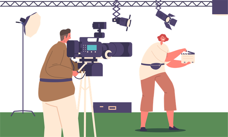 Crew with Clapperboard and Camera in Film Studio  イラスト