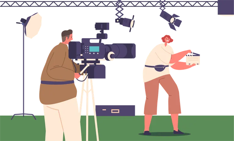 Crew Characters With Clapperboard And Camera In A Film Studio Engage In Movie Filming Process Capturing Scenes With Precision For Storytelling And Visual Impact Cartoon People Vector Illustration イラスト