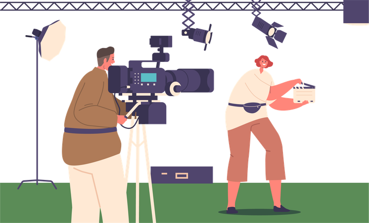 Crew with Clapperboard and Camera in Film Studio  Illustration