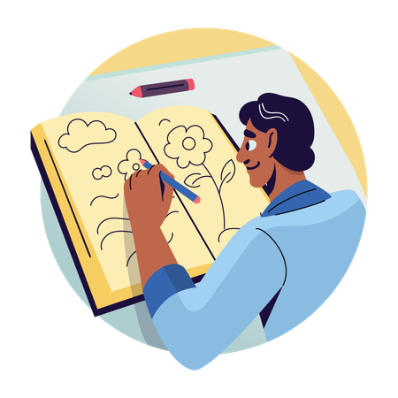 Desenho de personagem feito à mão em um caderno de desenho  Ilustração