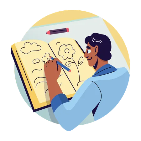 Desenho de personagem feito à mão em um caderno de desenho  Ilustração