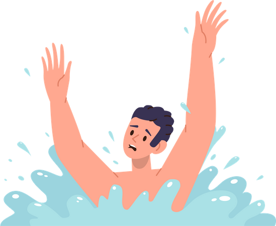 Criança afundando na água e pedindo ajuda espirrando com as mãos em perigo  Ilustração