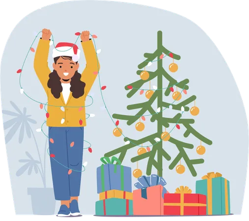 Criança alegre adorna uma árvore de Natal com luzes cintilantes e enfeites coloridos  Ilustração