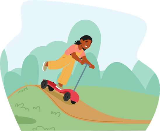 Criança alegre corre pelo playground em uma scooter  Illustration