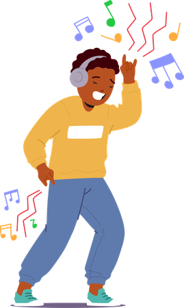 Criança alegre dançando e ouvindo música com fones de ouvido  Illustration