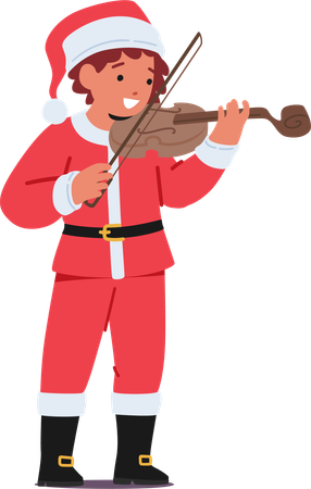 Criança alegre com uma fantasia festiva de Papai Noel de Natal toca violino  Ilustração