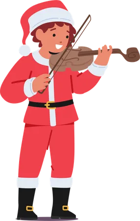 Criança alegre com uma fantasia festiva de Papai Noel de Natal toca violino  Ilustração