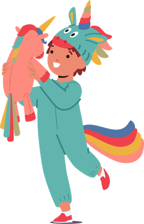 Criança alegre usa pijama Kigurumi de unicórnio  Ilustração