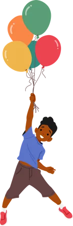 Crianca Alegre Voa Pelo Ceu Sustentada Por Um Conjunto De Baloes Vibrantes Personagem Little Black Boy Embarca Em Uma Aventura Extravagante Entre As Nuvens Ilustra O Vetorial De Pessoas Dos Desenhos Animados Ilustração