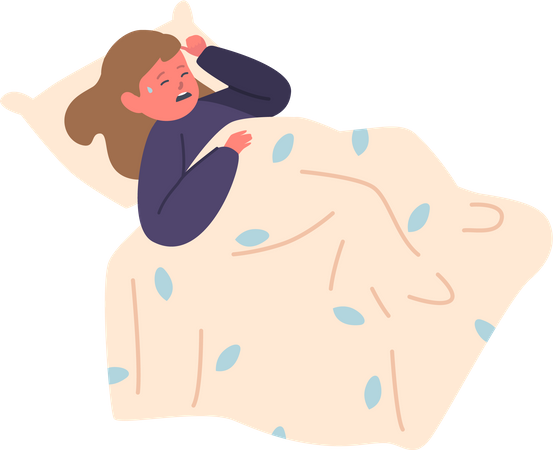 Criança angustiada deitada na cama  Ilustração