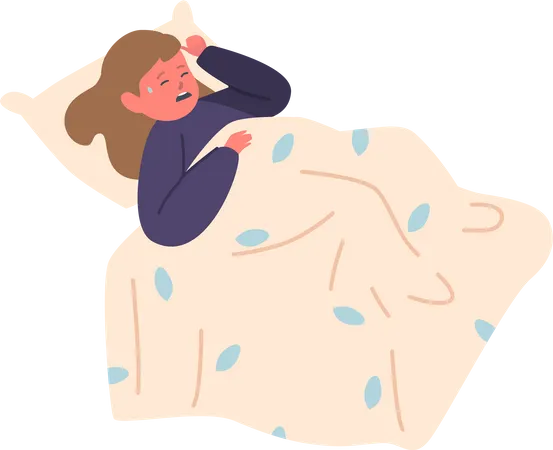 Criança angustiada deitada na cama  Ilustração