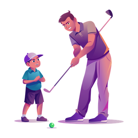 Criança aprendendo golfe com o pai  Ilustração