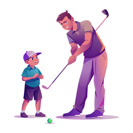 Criança aprendendo golfe com o pai  Ilustração