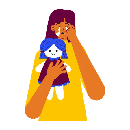 Criança chorando segurando uma boneca  Ilustração
