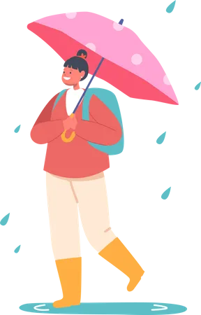 Criança com guarda-chuva em tempo chuvoso  Ilustração