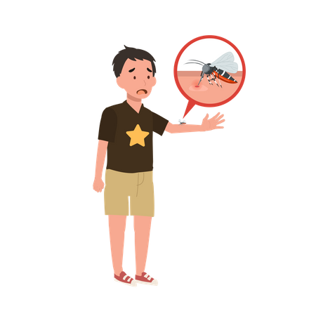 Criança com picadas de mosquito coçando a pele  Ilustração