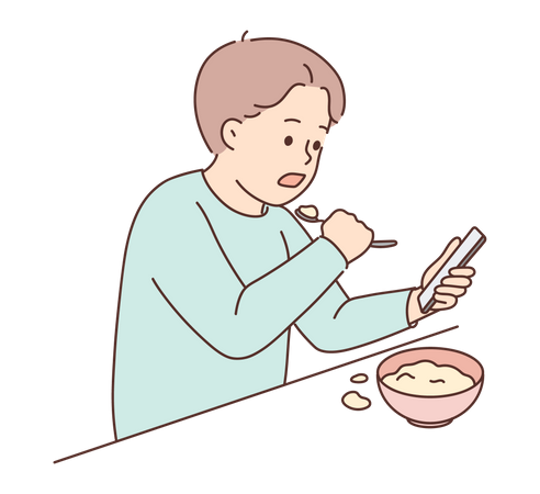 Criança comendo comida usando celular  Ilustração