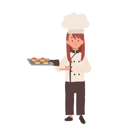 Cozinheiro infantil com chapéu de chef e avental assando um pão delicioso  Ilustração