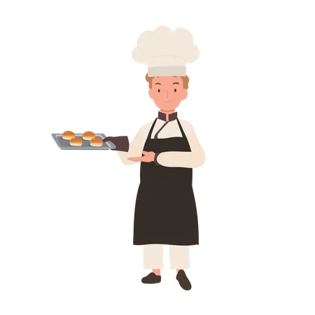 Cozinheiro infantil com chapéu de chef e avental assando um pão delicioso  Ilustração