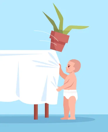 Criança curiosa puxa toalha de mesa com flor  Ilustração